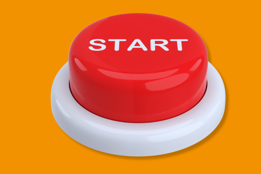 Roter Start-Button auf gelbem Hintergrund
